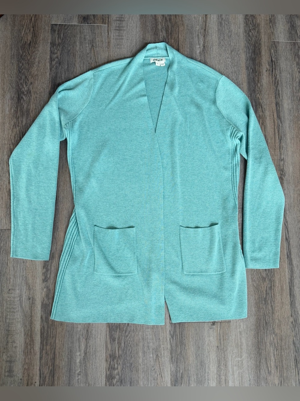 Orvis Women's Long Sleeve Open Front Wool Blend Teal Cardigan Sweater Size Large
